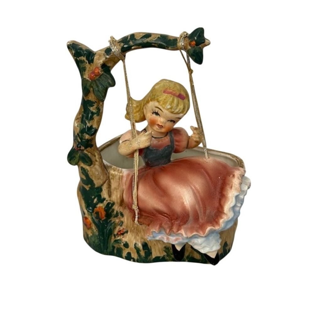 National Potteries Cleveland Planter Girl on Tree Branch Swing Made in Japan